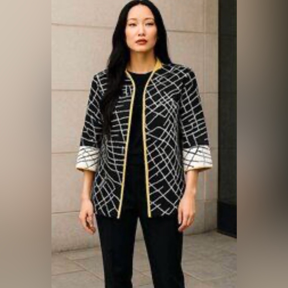 Ming Wang Women's Petite Black White Classic Knit Cardigan Jacket Career XL